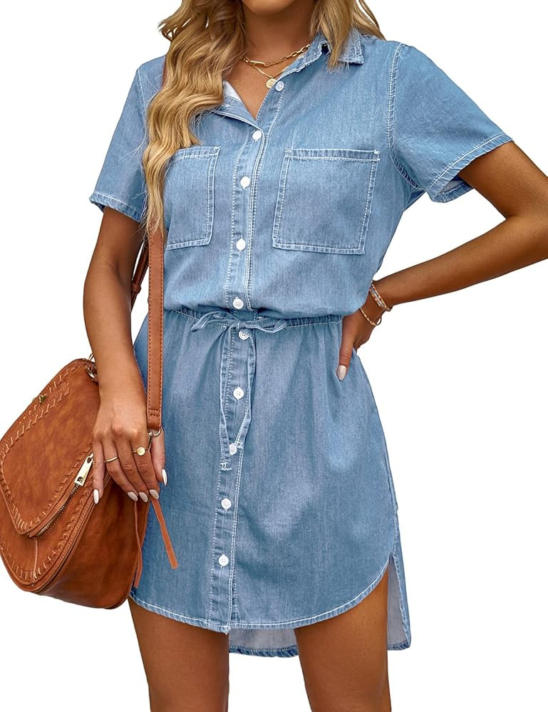 luvamia Women Casual Denim Dress Short Sleeve Tie Waist Classic Jean Shirt Dress | Amazon (US)
