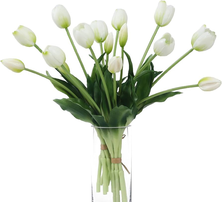 15 Pcs White Artificial Flowers Tulips Real Touch Latex Plastic Soft Faux Bouquets for Party, Wed... | Amazon (US)