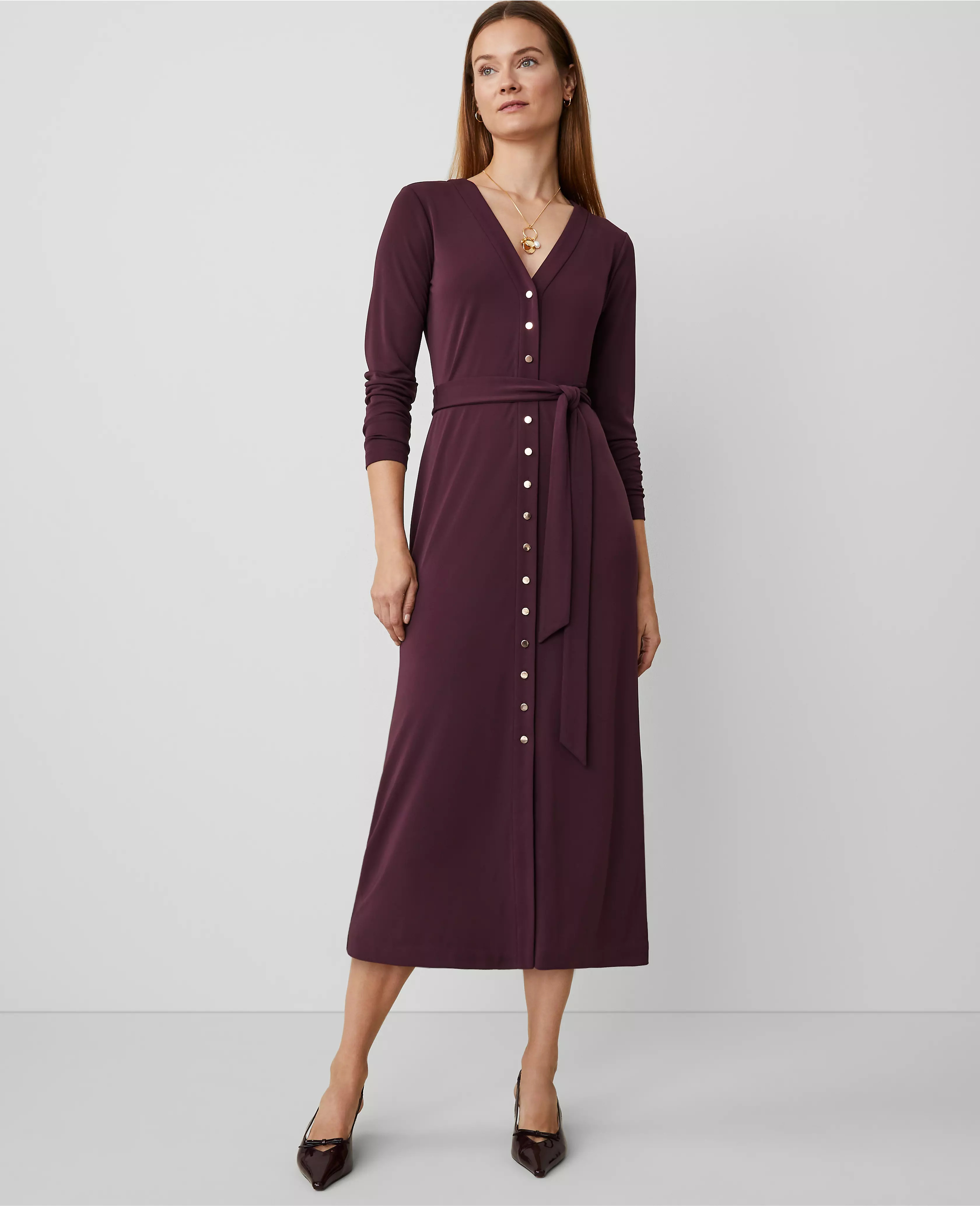 Button V-Neck Flare Knit Midi Dress | Ann Taylor