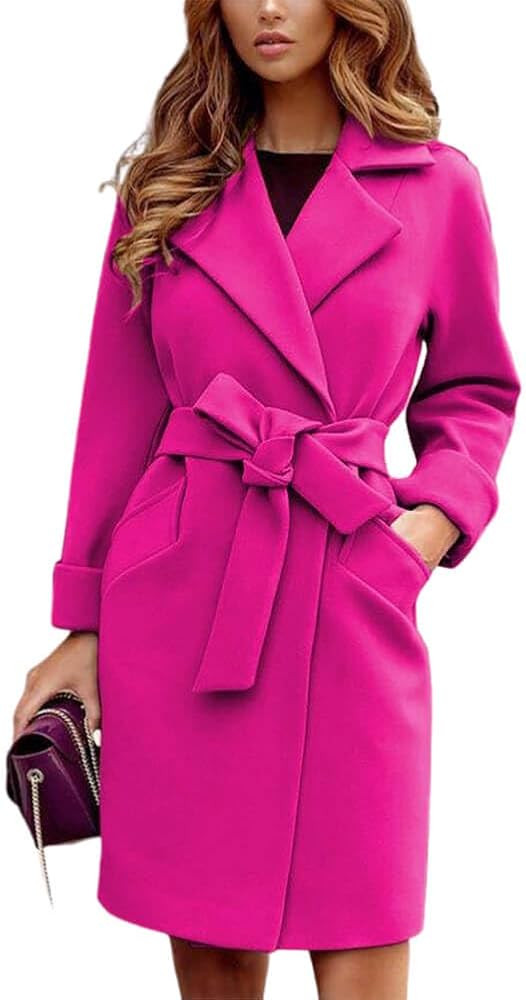 CHARTOU Women's Wool Blend Wrap Coat Notch Lapel Overcoat Pea Coat with Belt | Amazon (US)