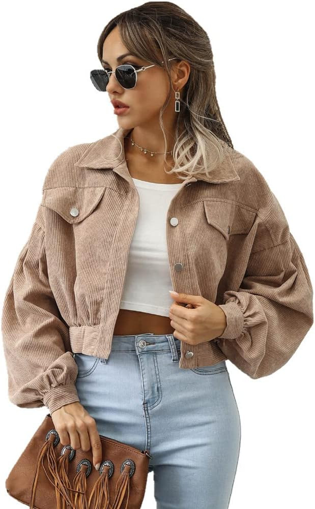Newbestyle Womens Corduroy Jacket Long Puff Sleeve Button Down Cropped Jacket Short Coat Solid Tr... | Amazon (US)