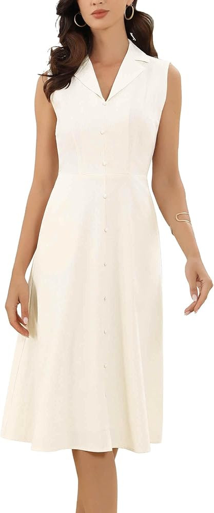Allegra K Cotton Linen Dress for Women's Summer Sleeveless Lapel Collar Casual A Line Midi Dress | Amazon (US)