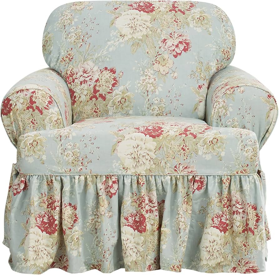SURE FIT Waverly Ballad Bouquet 1 Piece T Cushion Chair Slipcover in Robin's Egg | Amazon (US)