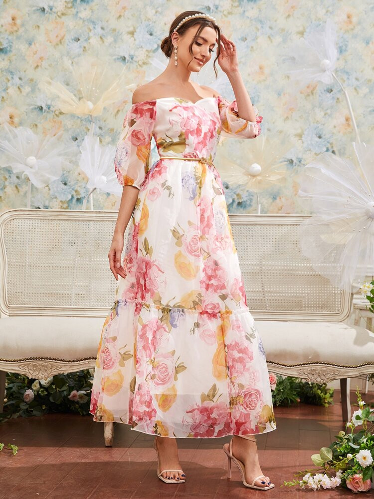 SHEIN 1pc Floral Print Off Shoulder Lantern Sleeve Ruffle Hem Dress Without Belt | SHEIN