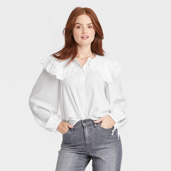 Women's Balloon Long Sleeve Embroidered Button-Down Shirt - Universal Thread™ | Target