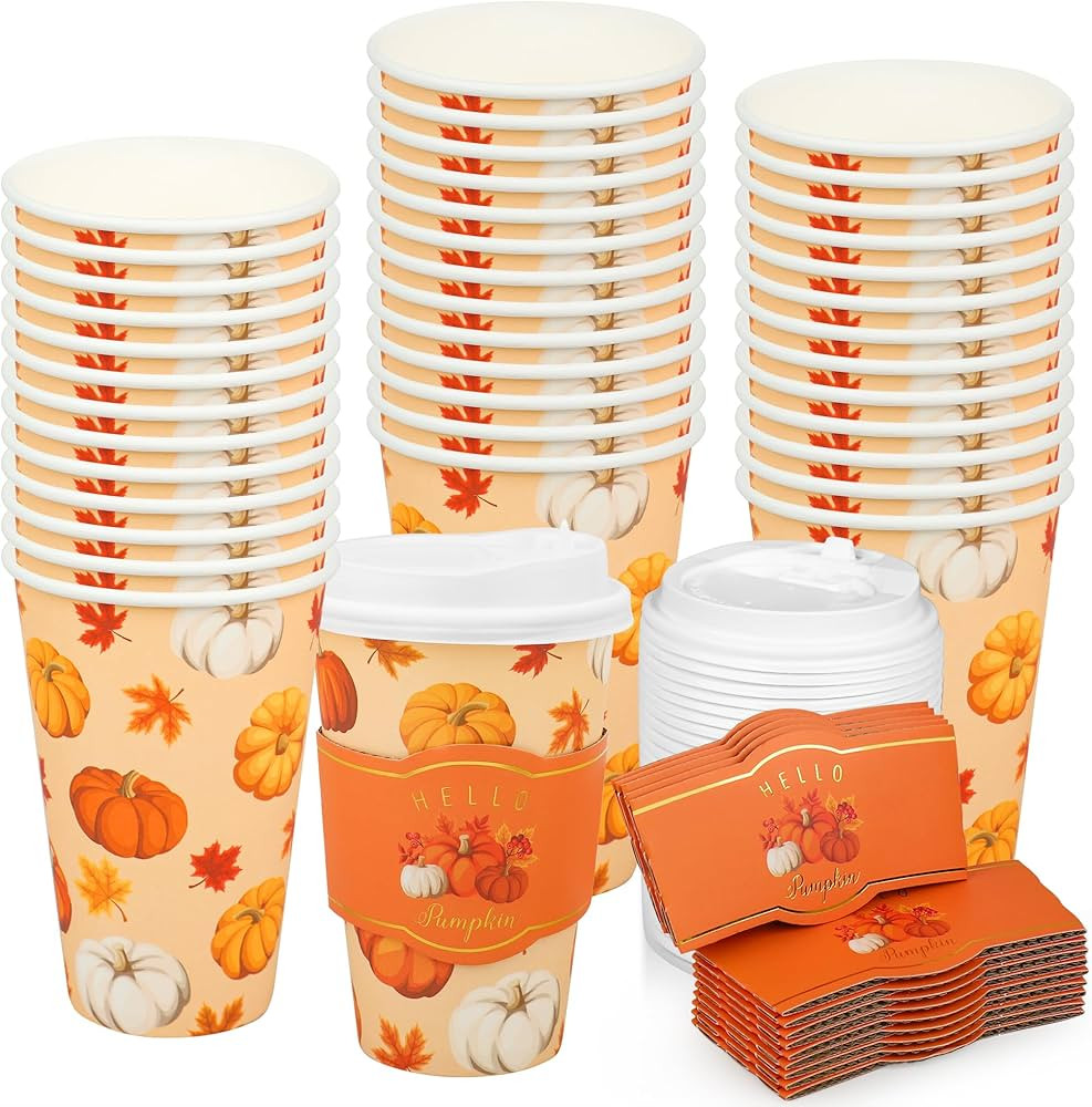 50 Pcs 16oz Fall Disposable Coffee Cups Pumpkin Maple Leaves Paper To Go Cups with Lids Sleeves T... | Amazon (US)