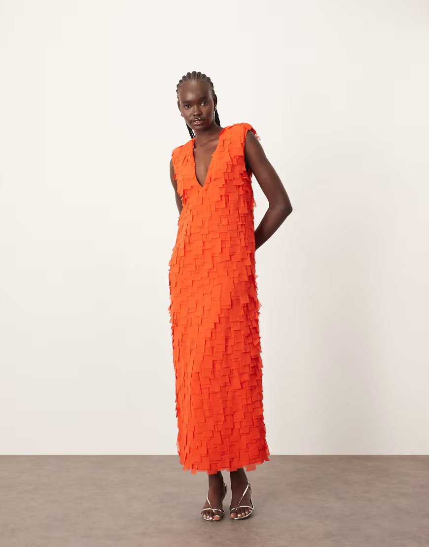 ARRANGE laser cut plunge neckline shoulder pad maxi dress with pockets in red | ASOS (Global)