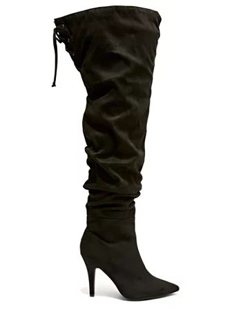 Stacked - Black Ruched Thigh High Boots - Fashion To Figure | Fashion to Figure