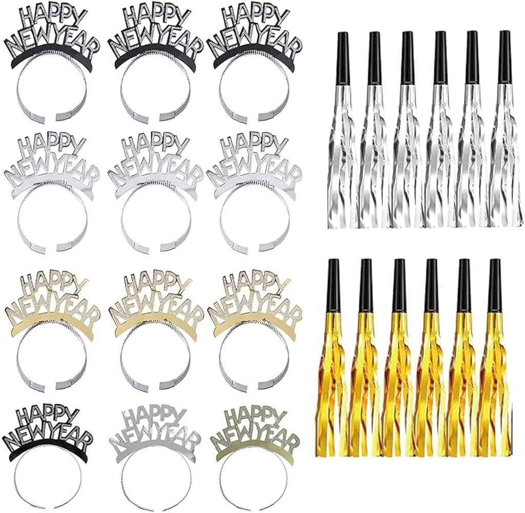 New Years Eve Party Supplies 2026-24 Pieces Gold Black Sliver Happy New Year Headband Metallic Fr... | Amazon (US)