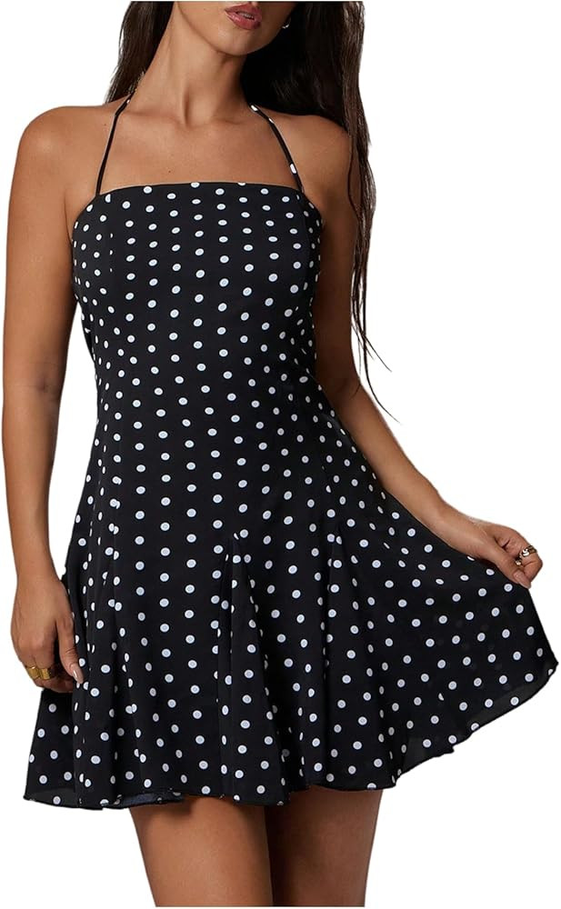 Milumia Women's Polka Dots Halter Short Mini Dress Tie Backless A Line Party Club Cami Dresses | Amazon (US)