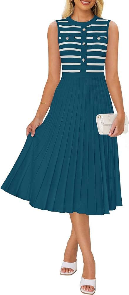 ZESICA Women's Sleeveless Striped Midi Dress Summer Crewneck Button Knit Swing Pleated A Line Cas... | Amazon (US)
