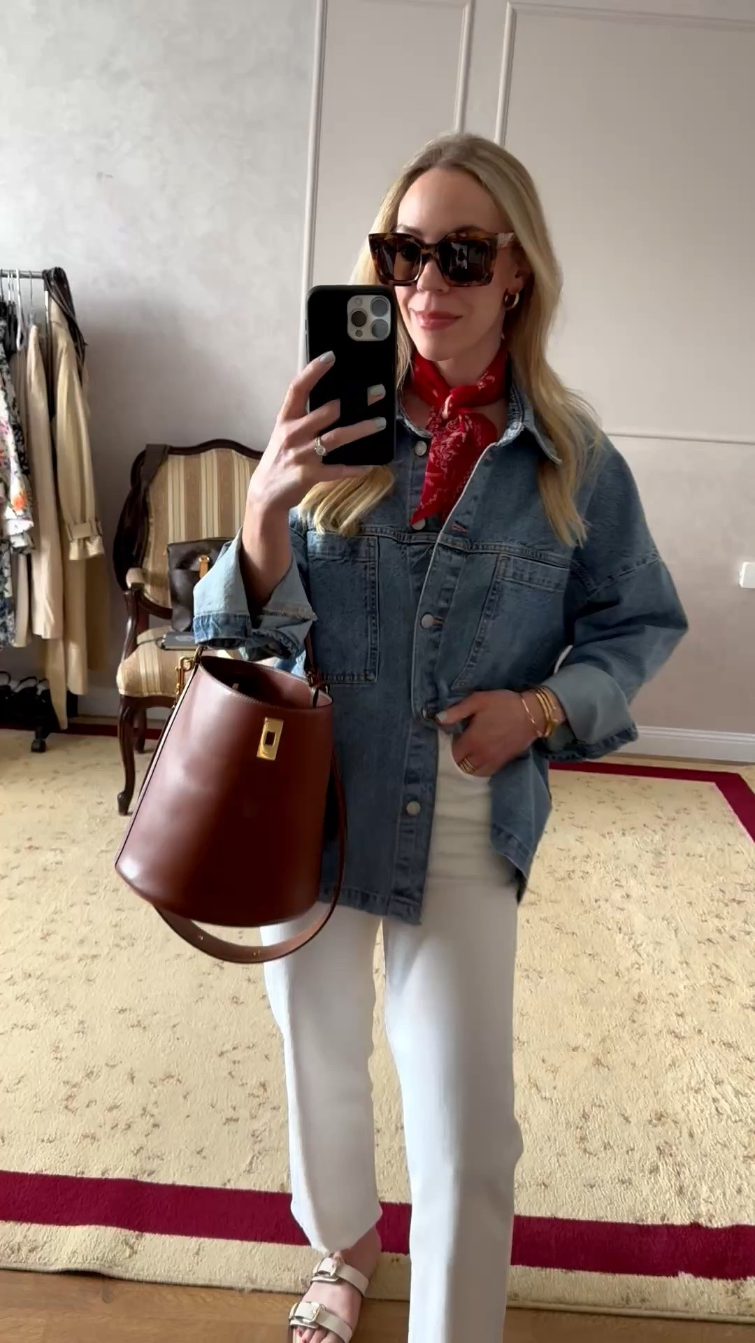 Memorial Day outfit, red white and blue, red bandana scarf, denim shirt, white jeans, American style

#LTKSeasonal #LTKOver40 #LTKSaleAlert