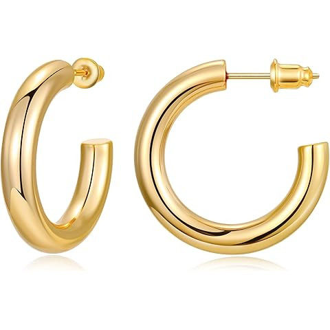 PAVOI 14K Gold Plated Lightweight Chunky Open Hoops for Women | Trendy Gold Hoop Earrings | Amazon (US)