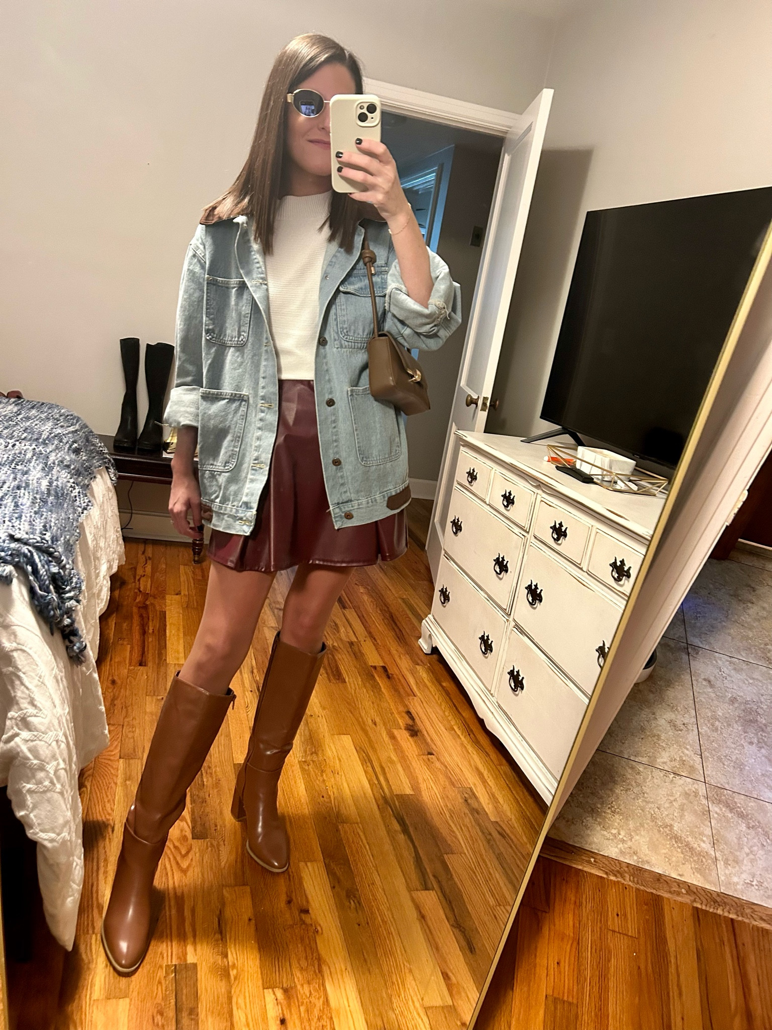Jacket - Commense, XS
Sweater - Line & Dot, Small 
Skirt - ASOS, Small
Bag, Earrings, Sunglasses - Amazon 
Tights - Target, Pecan shade 
Boots - Target (old) 

#LTKFindsUnder50 #LTKStyleTip #LTKFindsUnder100