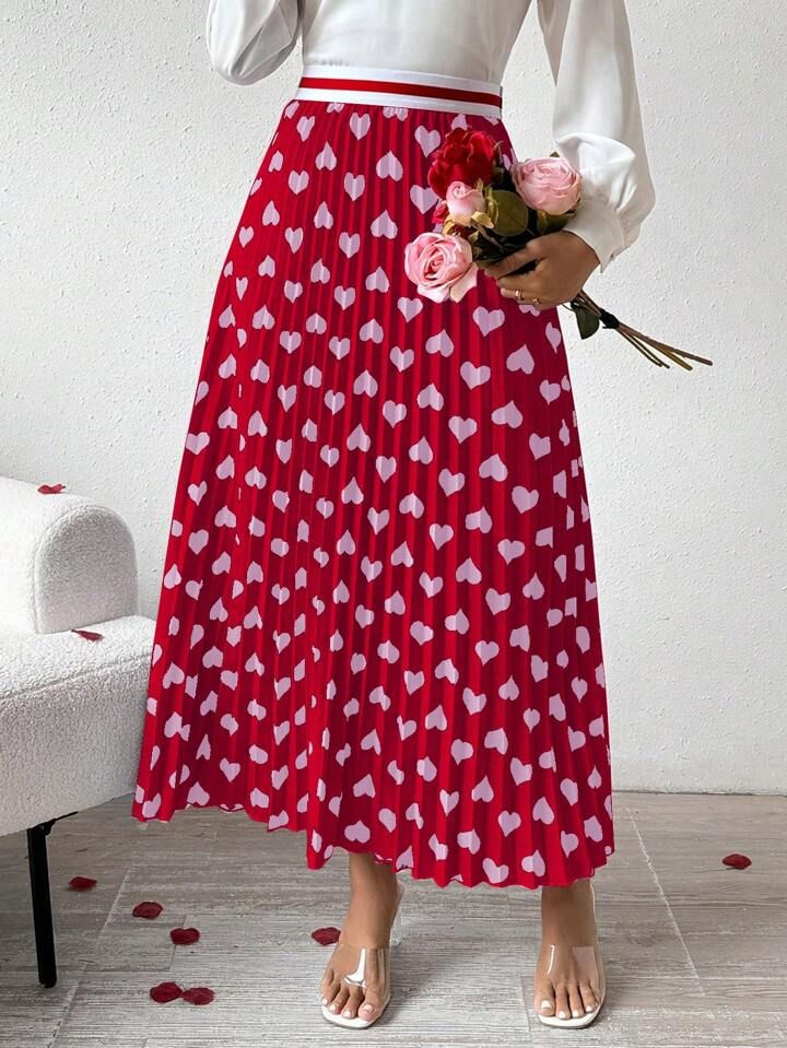 SHEIN Privé Women's Heart Print Pleated Skirt | SHEIN