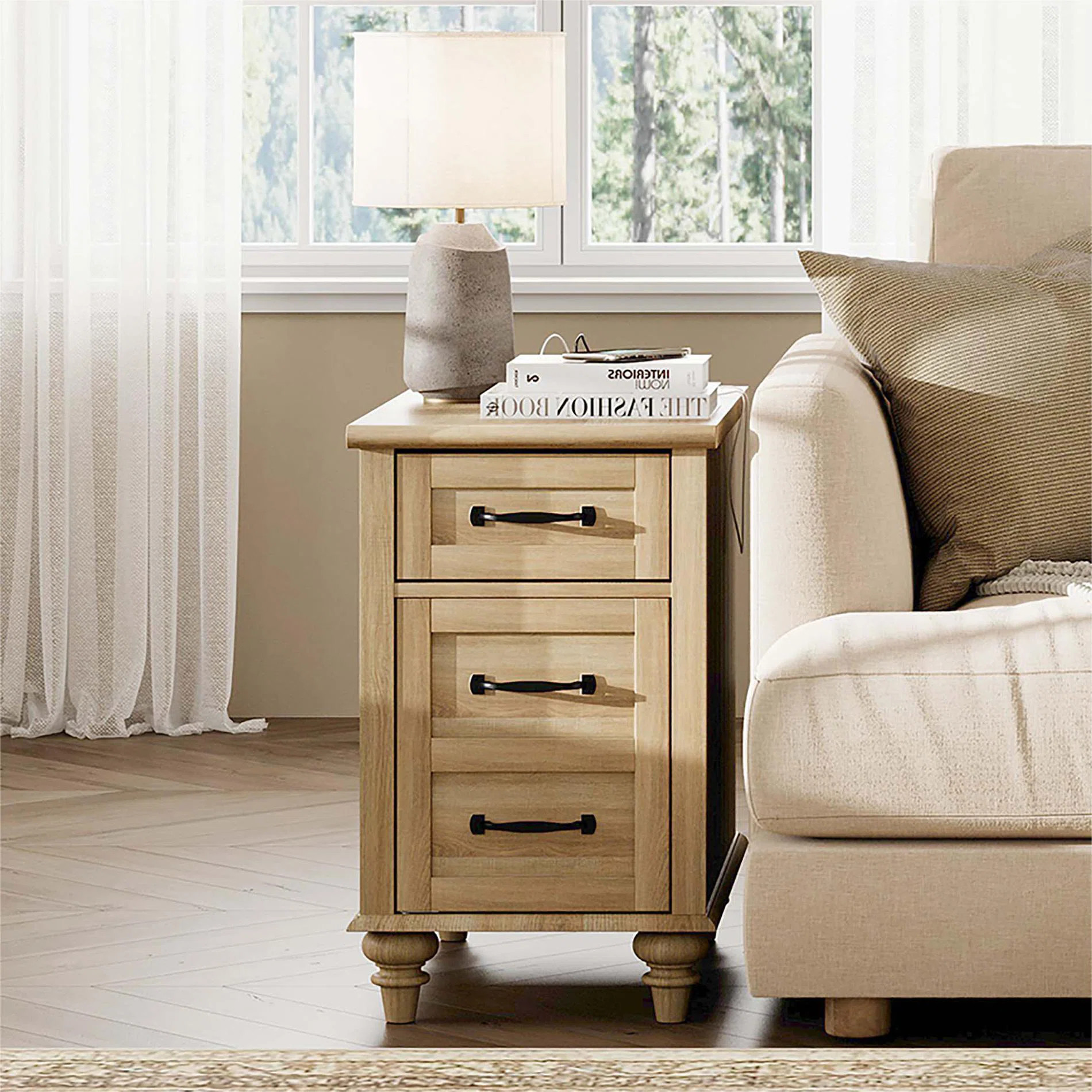 Bonapfel Farmhouse End Table with Charging Station, Oak | Wayfair North America