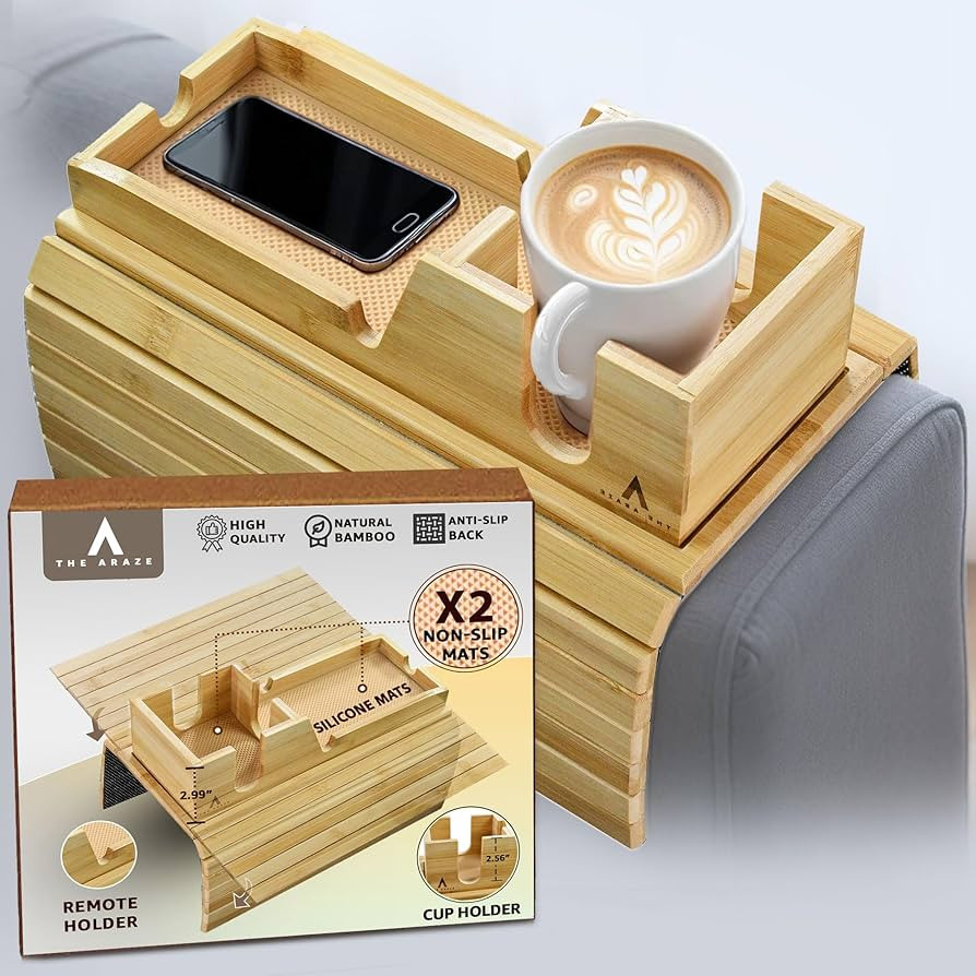 Bamboo Couch Arm Tray with Non-Slip Mats, Slide-Away Upper Tray, Adjustable Fit for Various Sofa ... | Amazon (US)