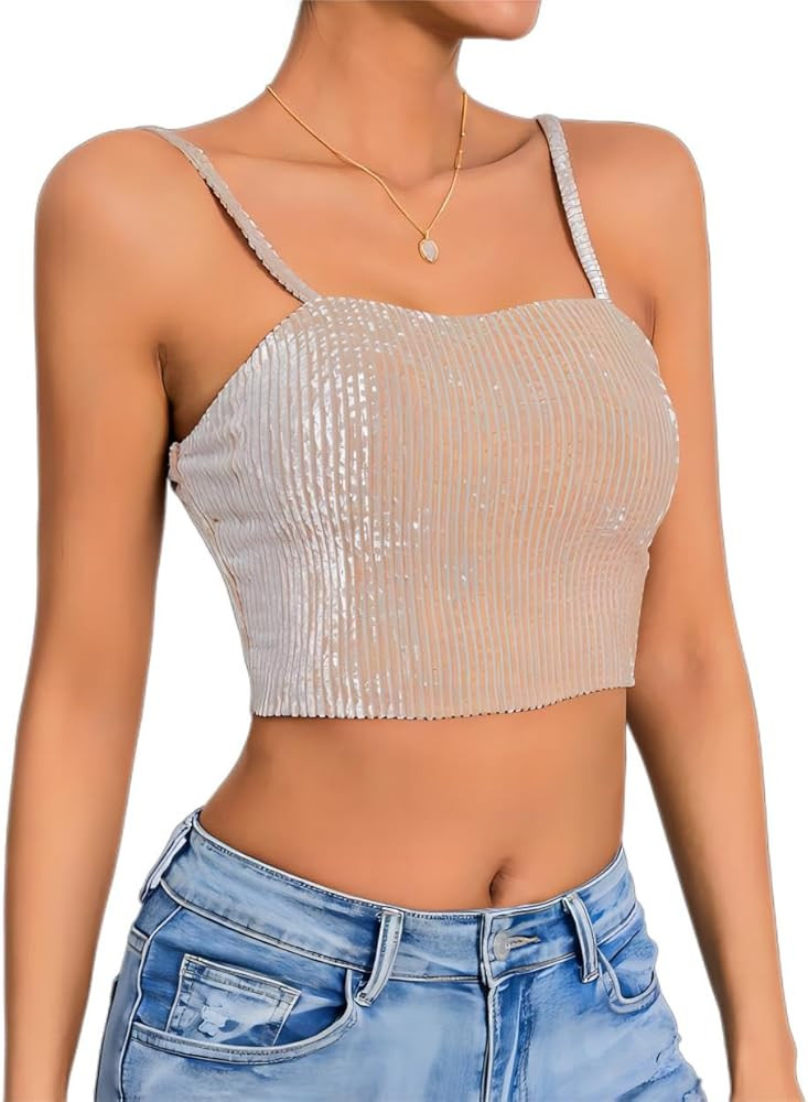 WDIRARA Women's Metallic Spaghetti Strap Sleeveless Backless Cami Crop Top Party Wear | Amazon (US)