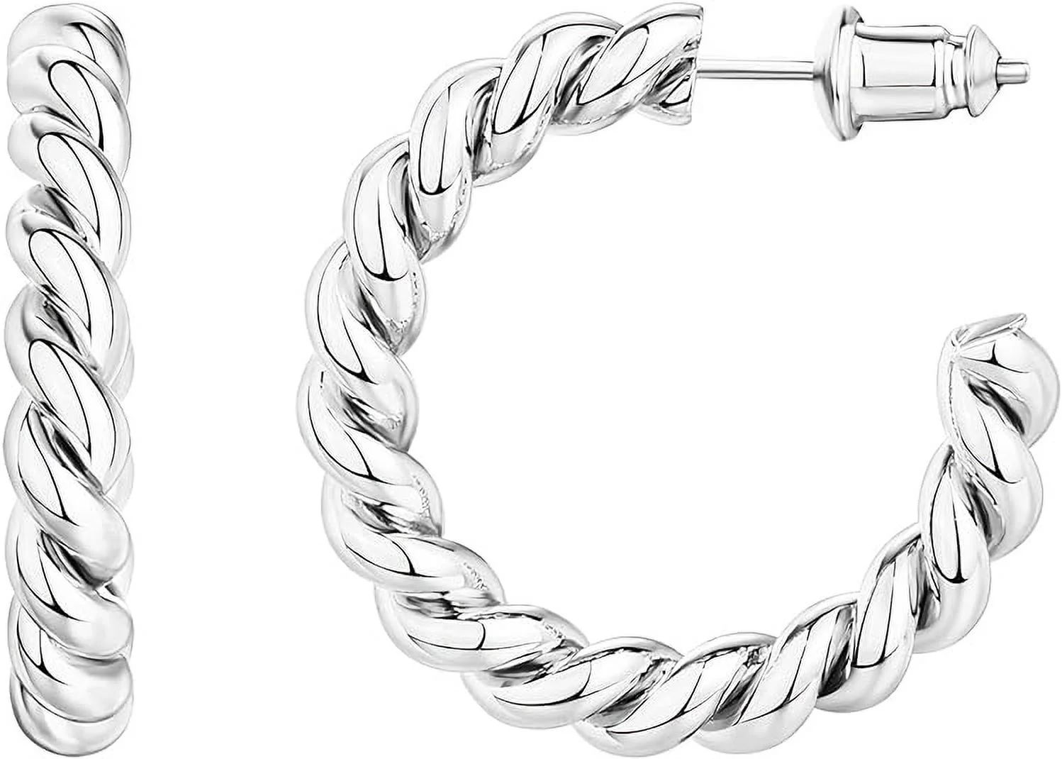 PAVOI Rhodium Plated Twisted Rope Round Hoop Earrings | 25 Millimeters Hoop Earrings for Women - ... | Walmart (US)