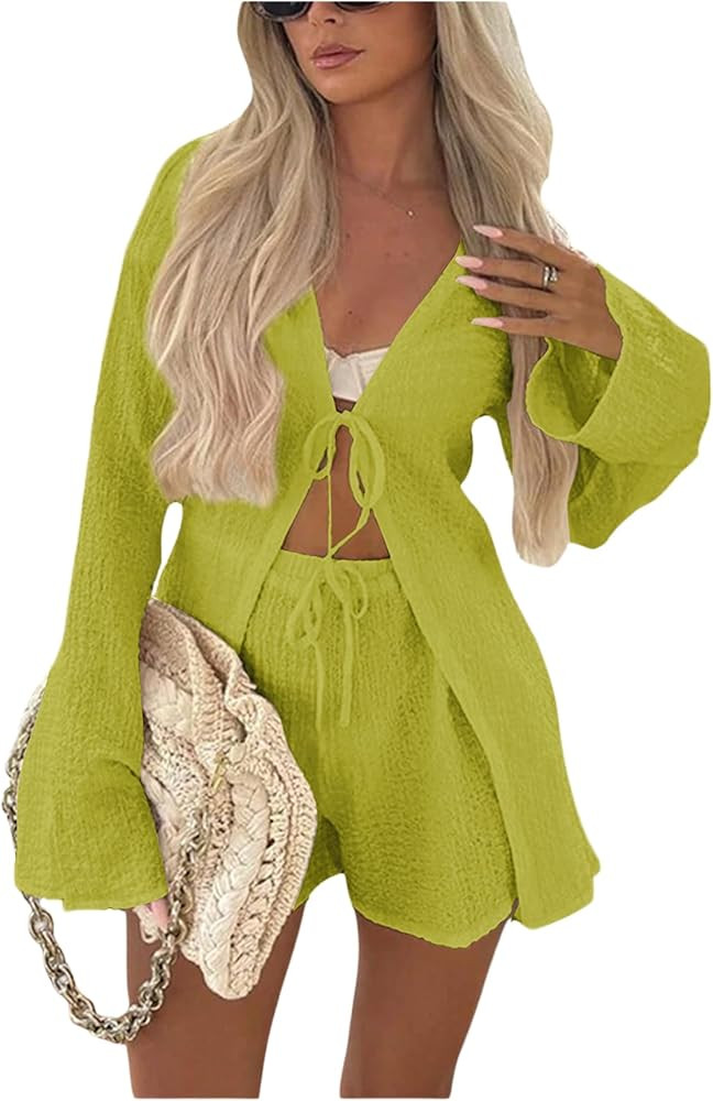 GORGLITTER Women's 2 Piece Tie Front Sets Bell Long Sleeve Tops and High Waisted Shorts Sets Coas... | Amazon (US)