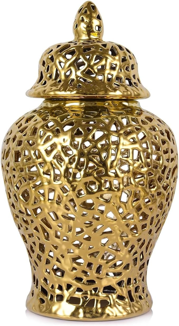 Gold Pierced Ginger Jar Vase with Lid - 15.7" Tall Decorative Ceramic Jar for Home Decor, Centerp... | Amazon (US)