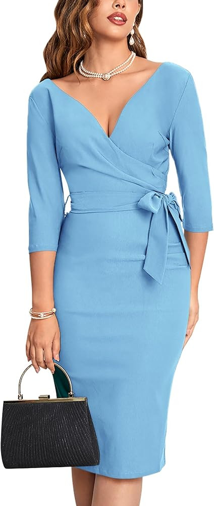 MUXXN Women's Vintage Faux Wrap V Neck 3/4 Sleeve Formal Classic Party Work Dress with Belt | Amazon (US)