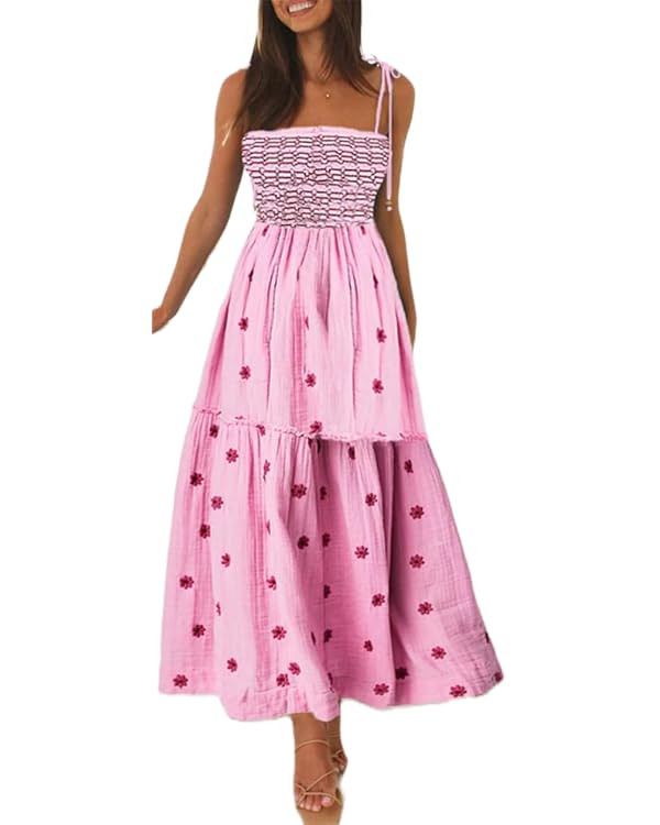 Womens Boho Long Summer Dresses Casual Beach Vacation Sun Dress Spaghetti Strap Flowy Embroidered... | Amazon (US)