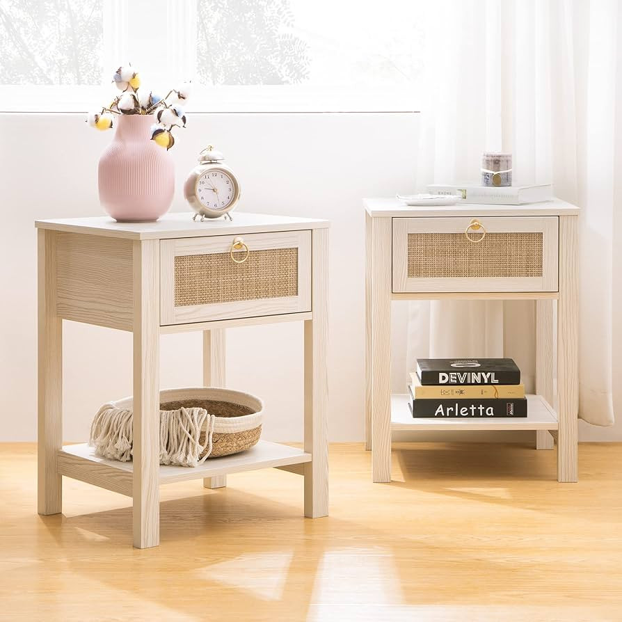 SICOTAS White Nightstand Set of 2,Rattan Decor Drawer with Brass Knobs Night Stand Wood Bedside T... | Amazon (US)