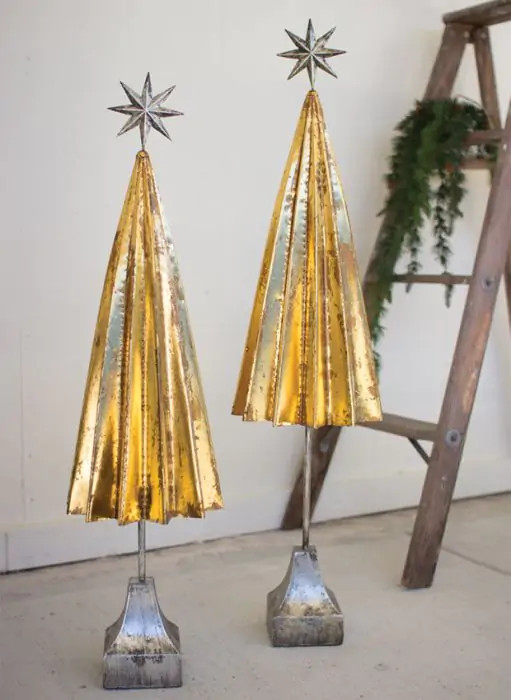 Retro Folded Gold Metal Tree Figurines Set of 2 | Antique Farm House