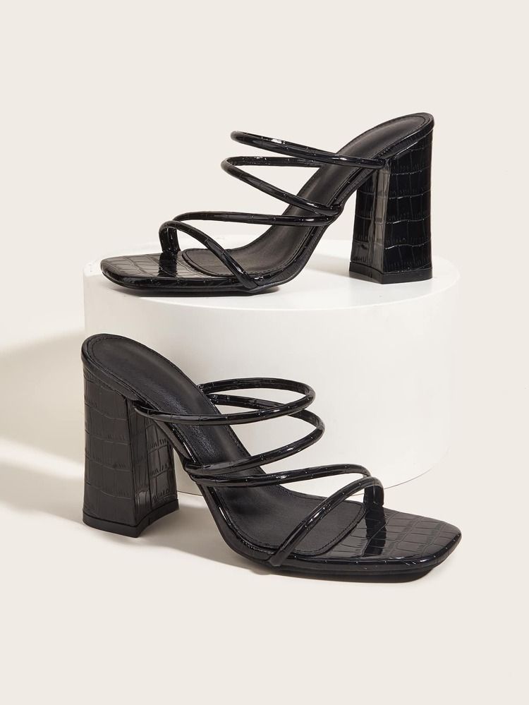 Croc Embossed Strappy Chunky Heeled Mules | SHEIN