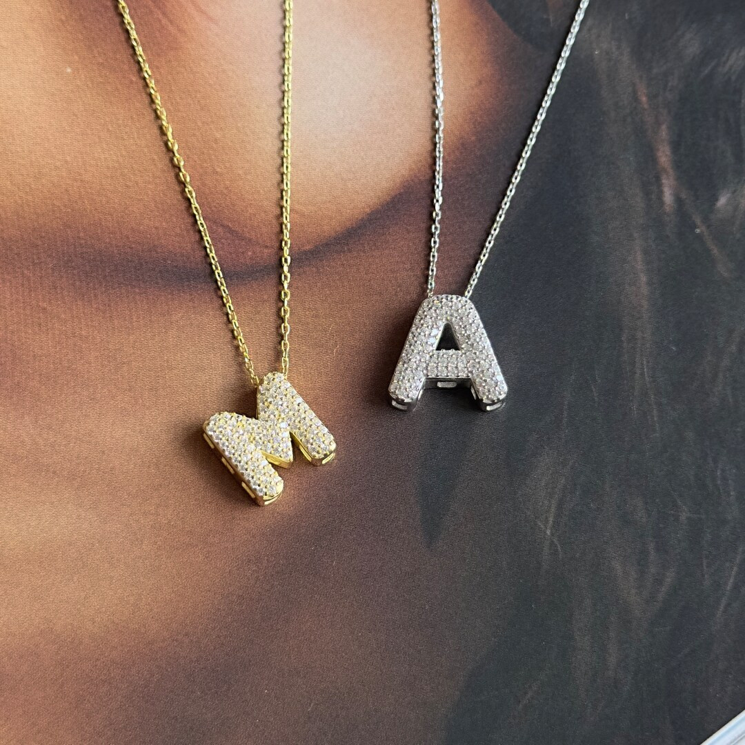 Pave Bubble Diamond Initial Necklace A-Z, Bubble Letter Necklace, CZ Initials Letter, Crystal Bub... | Etsy (US)