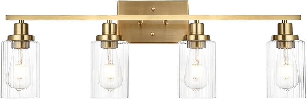 Jonsi Gold Bathroom Vanity Lights, 4 Light Brushed Gold Bathroom Light Fixtures with Clear Groove... | Amazon (US)