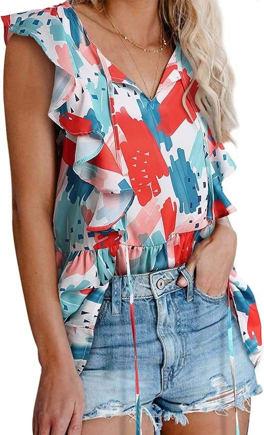 Dokotoo Womens Summer V Neck Ruffle Tank Tops Color Block Sleeveless Shirts Chiffon Blouses | Amazon (US)