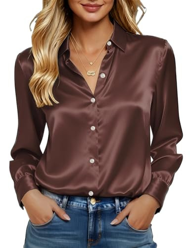 Long Sleeve Silk Shirts for Women, Brown Satin Blouses for Women Trendy, S | Amazon (US)