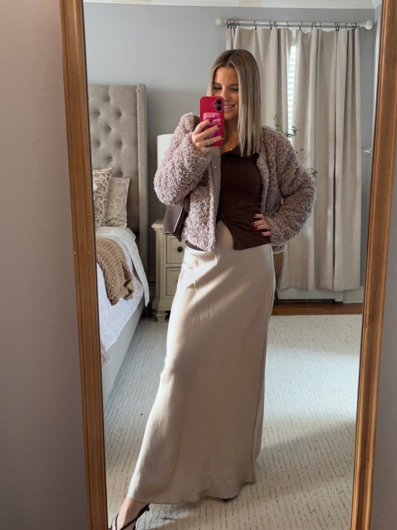 Walmart trendy cozyyyyyy jacket plus favorite slip skirt (closet must needed staple!) $27 basic brown top on sale right now!! 

(Red top linked is the brown one! Wearing an XS) 

#LTKPetite #LTKFindsUnder50 #LTKSaleAlert