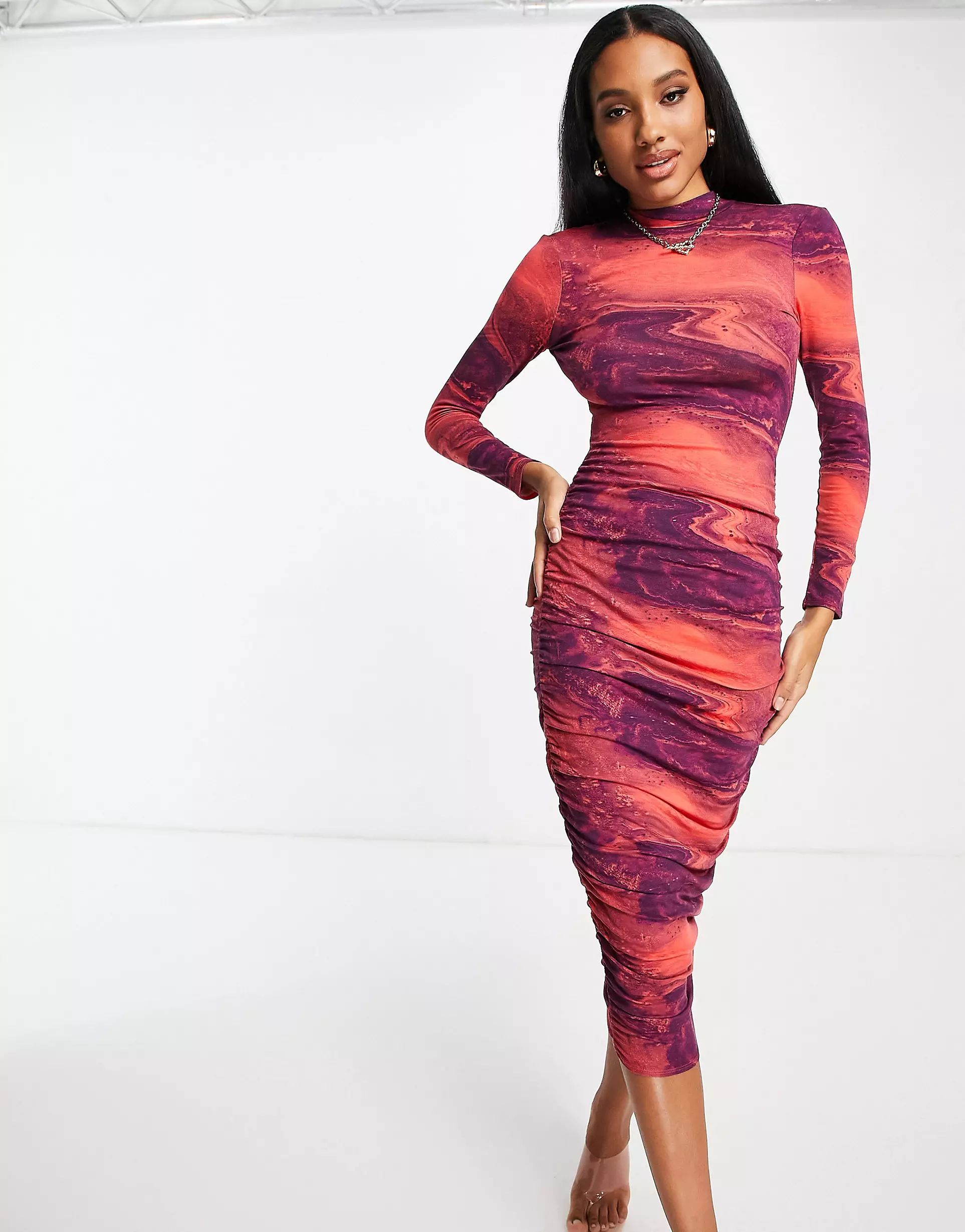ASOS DESIGN minimal back long sleeve ruched midi dress in red tie dye print | ASOS (Global)