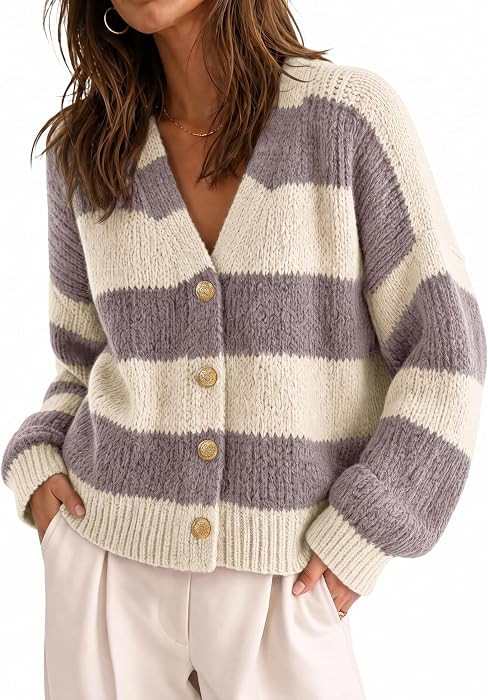 Fisoew Womens Striped Open Front Cardigan Sweaters V Neck Outerwear | Amazon (US)