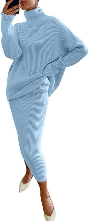 chouyatou Women's Chunky 2 Piece Outfits Turtleneck Knit Sweater and Maxi Bodycon Skirt Sets | Amazon (US)