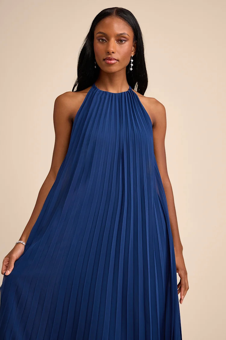 Dorala Dark Blue Pleated Lace-Up Tiered Maxi Dress | Lulus