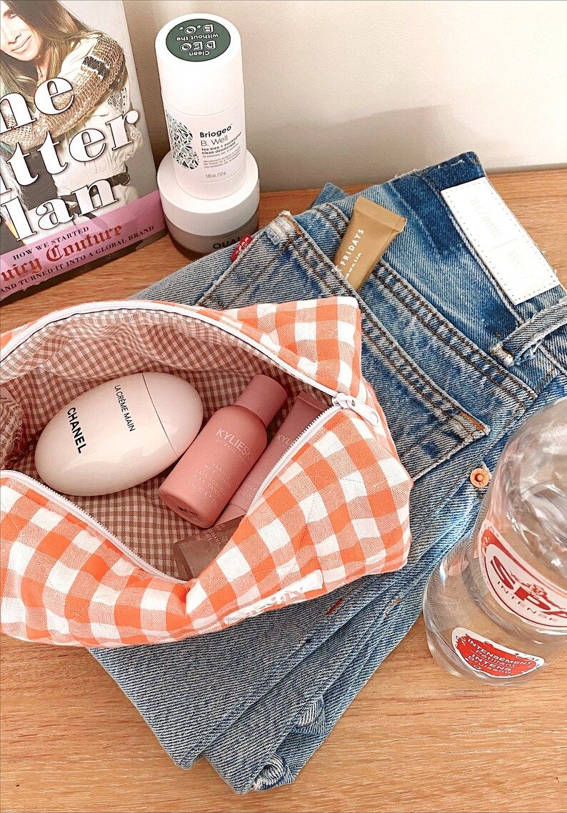 NINA Make Up Bag - Quilted Cosmetics Bag - Orange Gingham - Toiletry Bag - Travel Bag | Etsy (US)