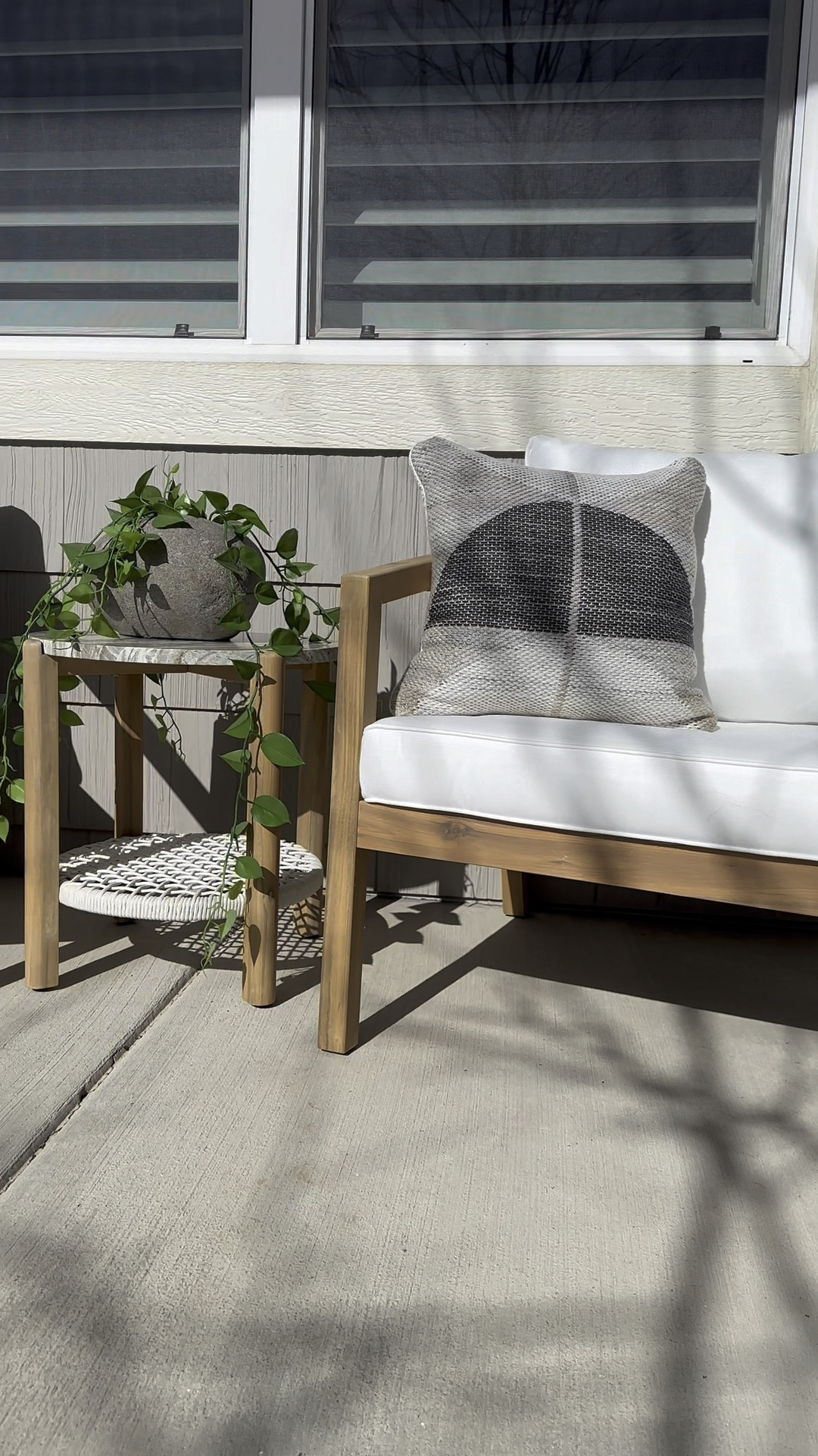 Loving this new 3 piece patio set.  It’s very sturdy.  If you have a lot of wind, it will be great for your patio.  Super comfy and the cushions can be power washed easily.  