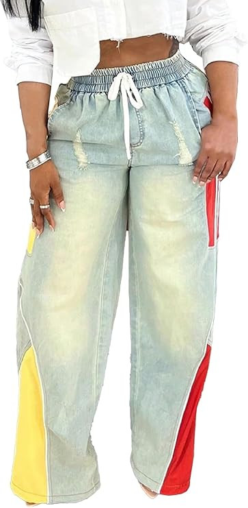 YOOTIKO Women Striped Drawstring Jeans Elastic High Waisted Straight Wide Leg Baggy Sweatpants Je... | Amazon (US)