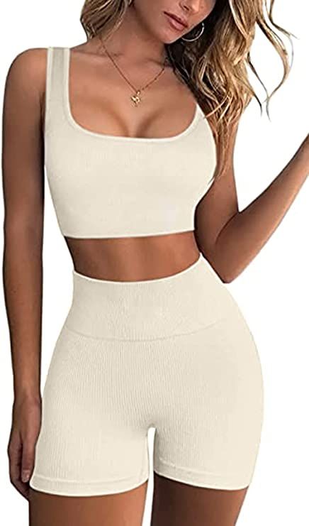 Gym Sets for Women 2 Piece Workout Sets Seamless Ribbed Crop Tank High Waist Shorts Yoga Outfits | Amazon (US)