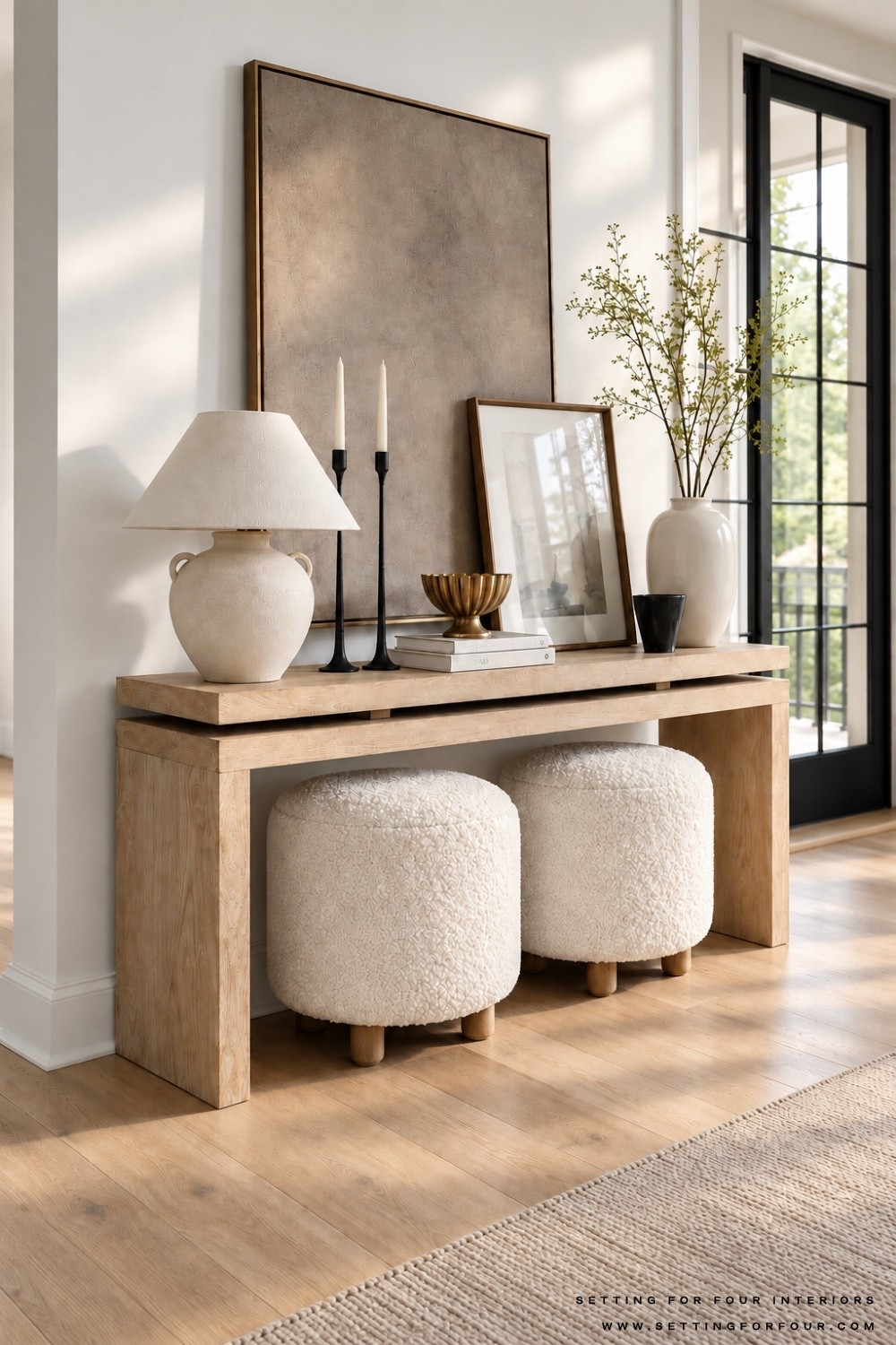 Neutral console table decor. Entryway, hallway, living room, table lamp, ottoman, wall art, earthy, moody, organic modern, transitional, Nancy Meyers style, Wayfair home, Pottery Barn style

#LTKHome #LTKSaleAlert #LTKmomlife