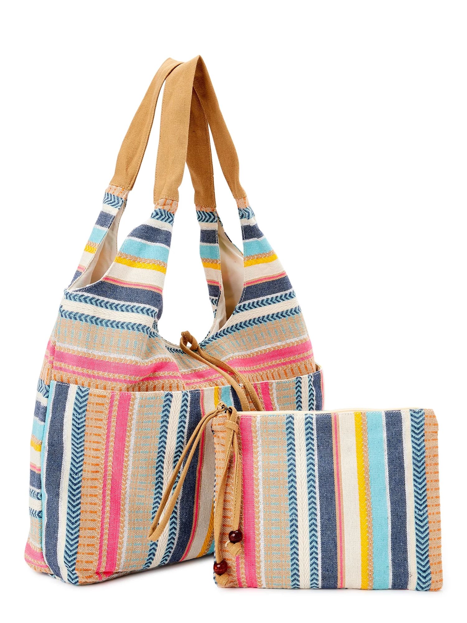 Time and Tru Women's Woven Beach Tote and Pouch, 2-Piece Set Pink Stripe | Walmart (US)