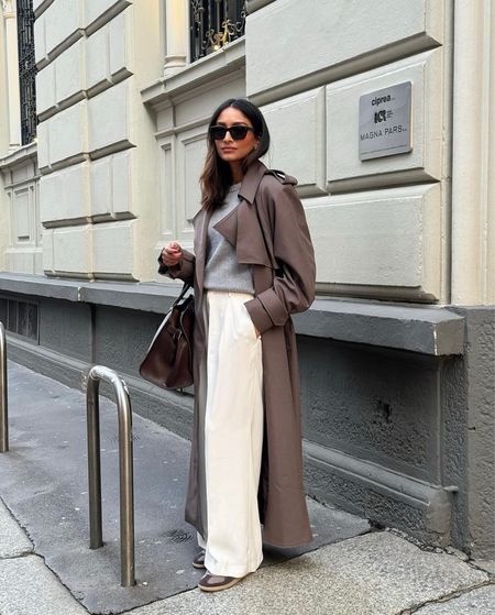 Winter Style, Transitional Style, Winter to Spring Outfit, Brown Trench Coat, Wide Leg Trousers, Adidas Trainers, Grey Jumper 

#LTKstyletip #LTKeurope #LTKSeasonal