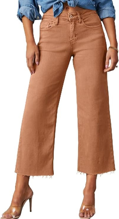 Allimy Women's High Waisted Straight Ankle Wide Leg Ripped Jeans Frayed Hem Stretchy Capri Denim ... | Amazon (US)