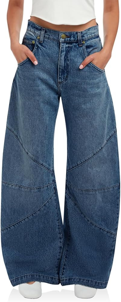 PLNOTME Womens High Waisted Barrel Jeans Casual Loose Boyfriend Wid Leg Denim Pants | Amazon (US)