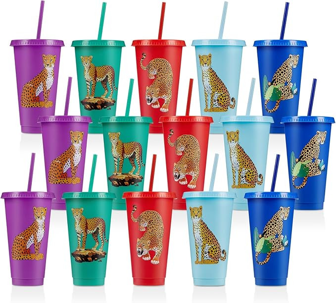 15 Pcs Cheetah Party Favors Cheetah Party Cups with Lid Straw 24 oz Plastic Drink Cups Reusable B... | Amazon (US)
