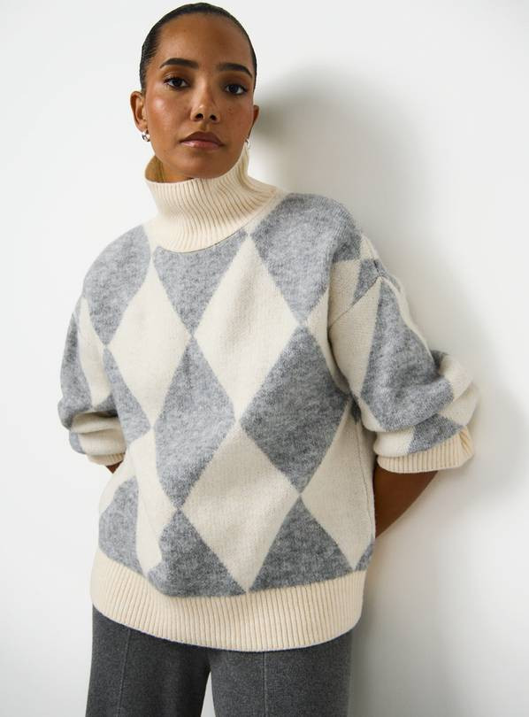 Grey Argyle High Neck Knitted Jumper M | Tu Clothing